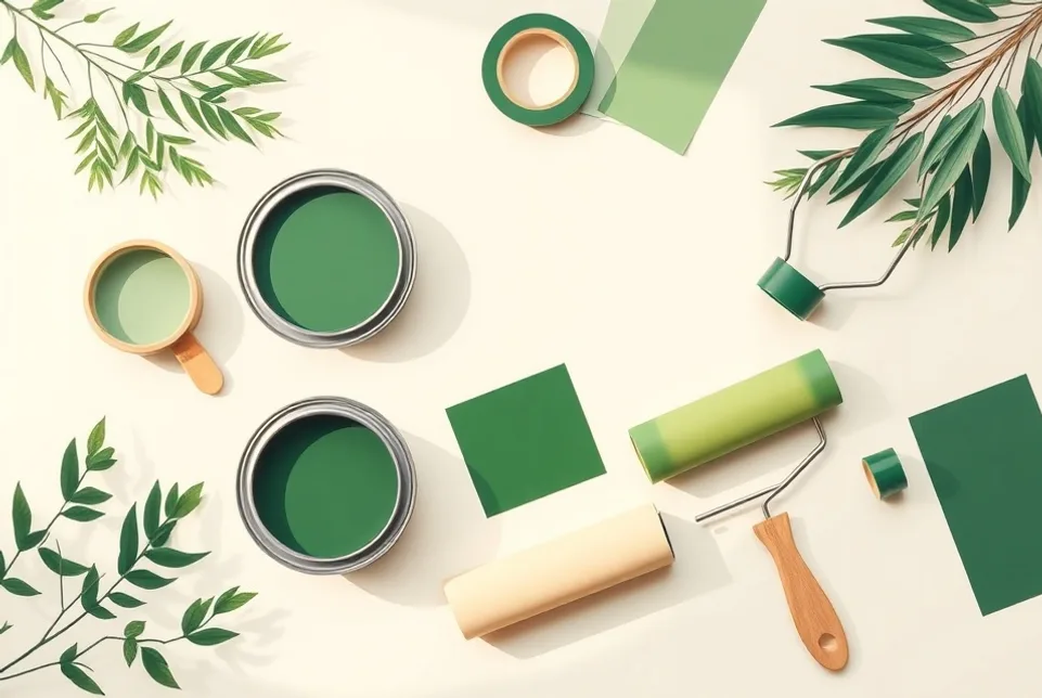 Pots de peinture, nuancier, brosses et rouleaux disposés à plat