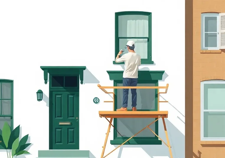 Peintre sur échafaudage traitant la façade d'une maison